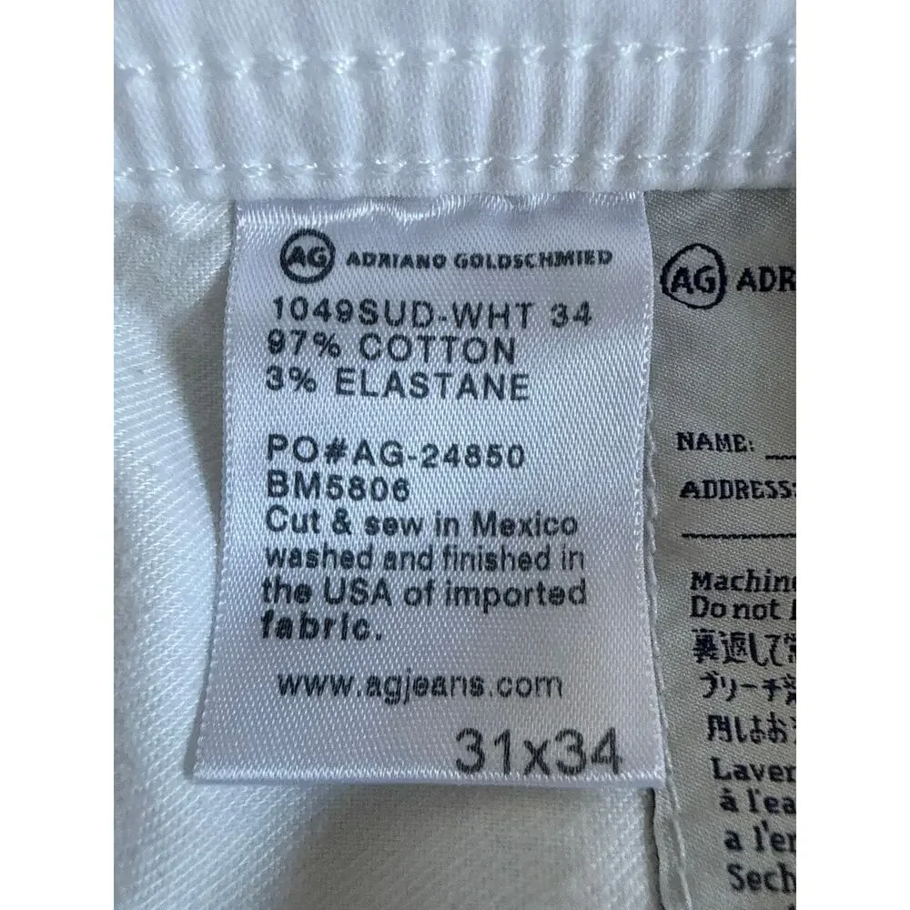 AG Adriano Goldschmied Men’s The Protégé Straight Leg White Jeans Sz 31x34  EUC